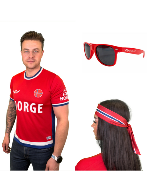 pakke med norske supportereffekter i rødt
