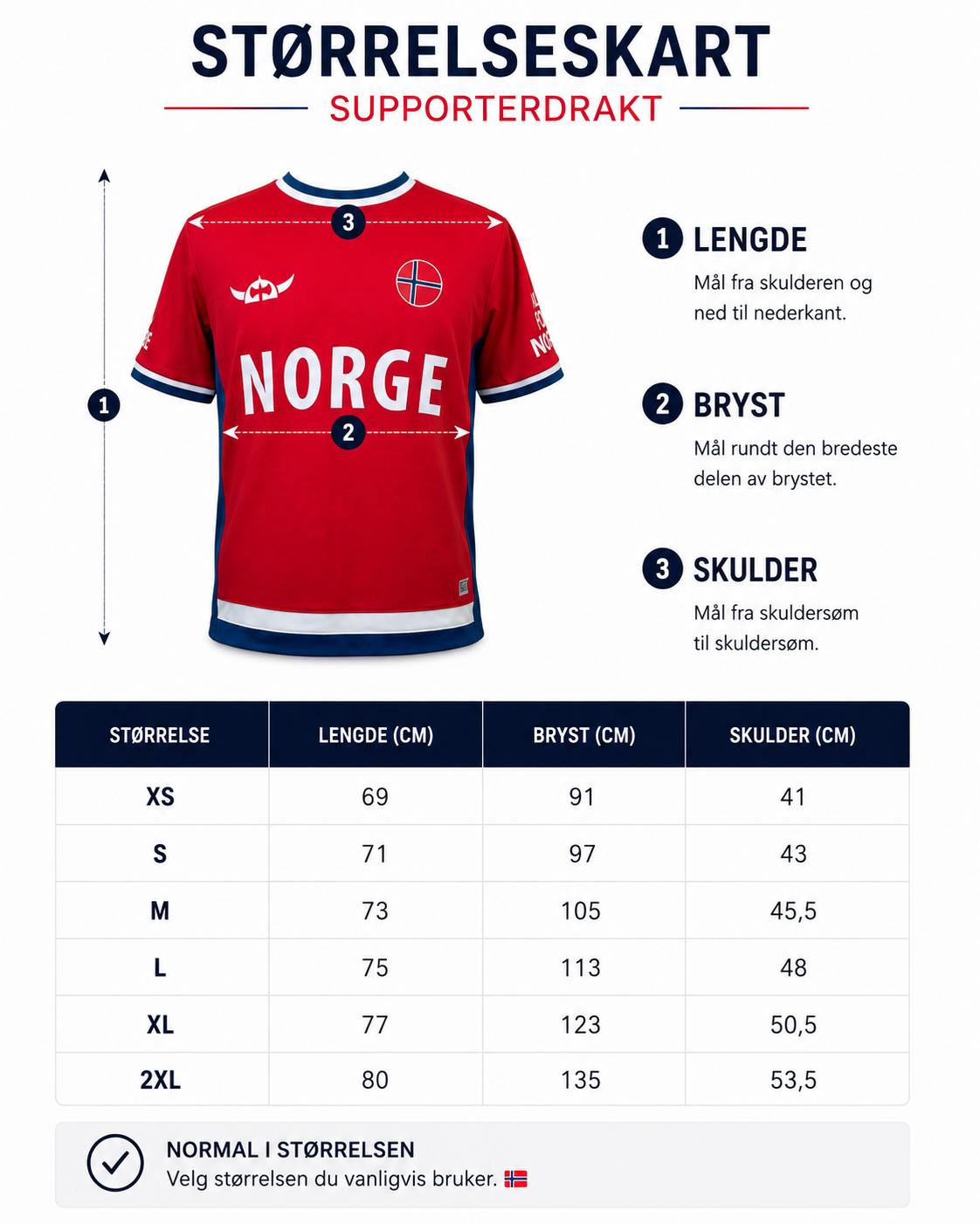 beskrivelse av størrelse supporterdrakt norge
